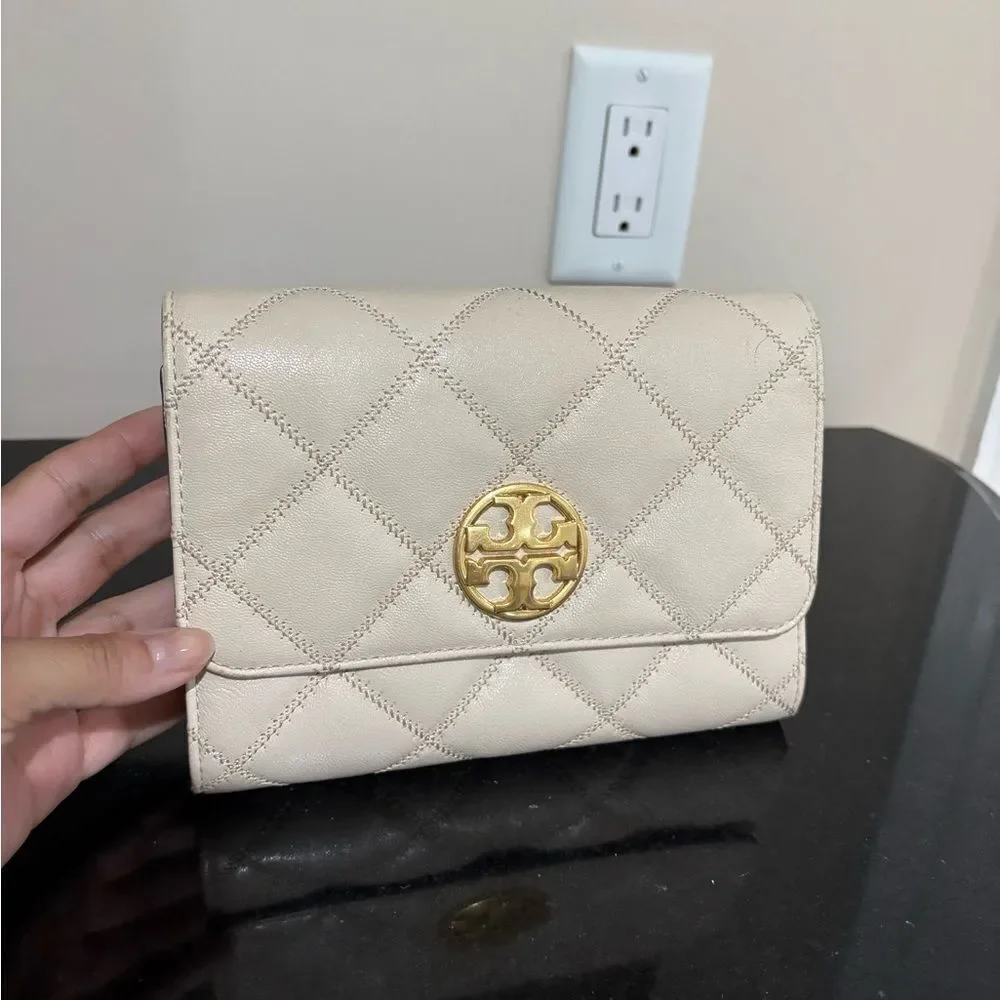 Tory Burch Cream Gold Quilted Crossbody Bag